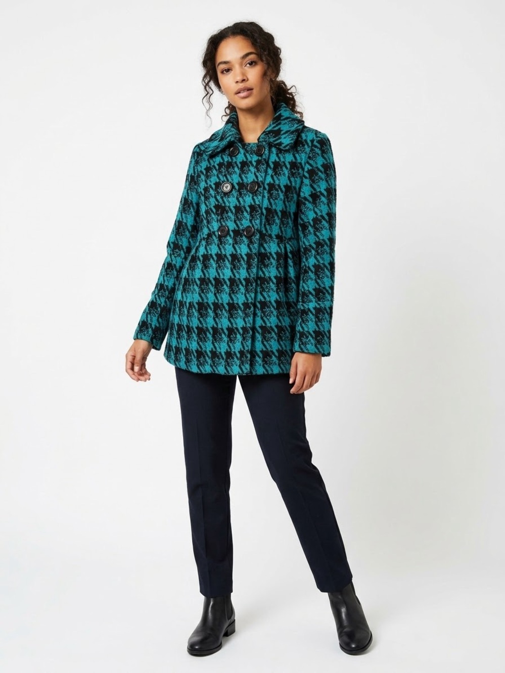 Vintage Mac & Jac Double-Breasted Teal/Black Button Houndstooth Pea Coat Small